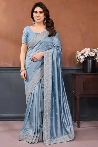 Sky blue vichitra silk saree sequence embroidered saree with matching blouse piece