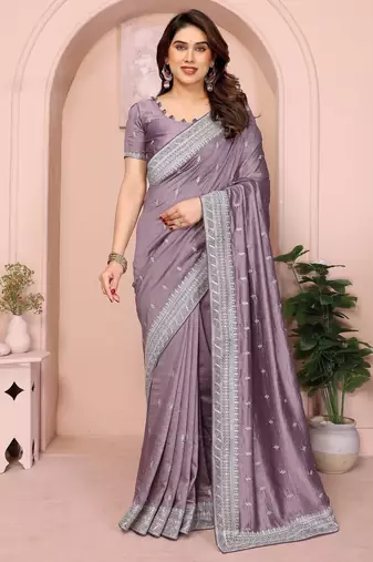 Lavender vichitra silk saree sequence embroidered saree with matching blouse piece