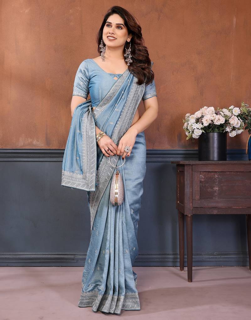 Sky blue vichitra silk saree sequence embroidered saree with matching blouse piece