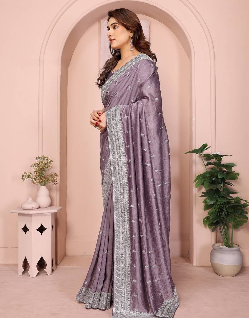 Lavender vichitra silk saree sequence embroidered saree with matching blouse piece