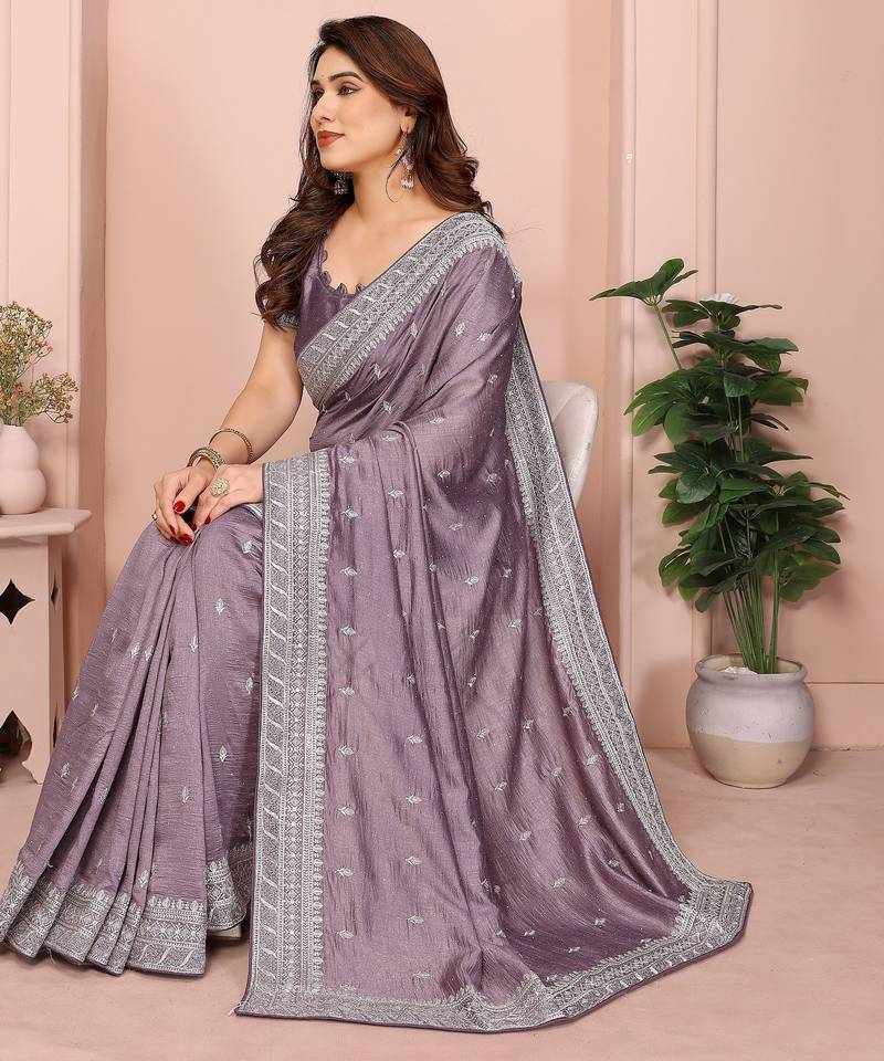 Lavender vichitra silk saree sequence embroidered saree with matching blouse piece