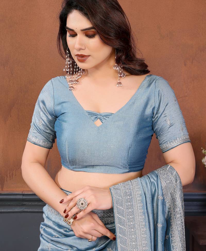 Sky blue vichitra silk saree sequence embroidered saree with matching blouse piece