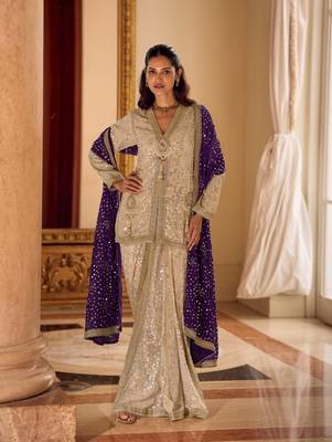 Cream Georgette Free Size Stitched Suit with embroidered Beats  2