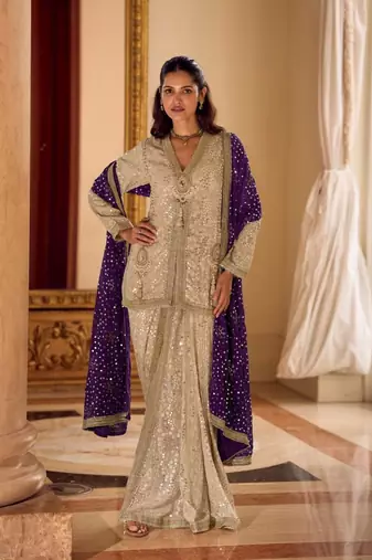 Cream Georgette Free Size Stitched Suit with embroidered Beats 