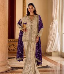 Cream Georgette Readymade Stitched Suit with Embroidery & Beats Work