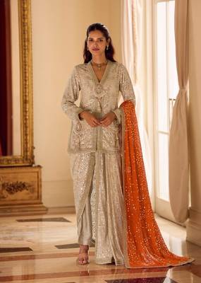 Cream Georgette Free Size Stitched Suit with embroidered Beats  2