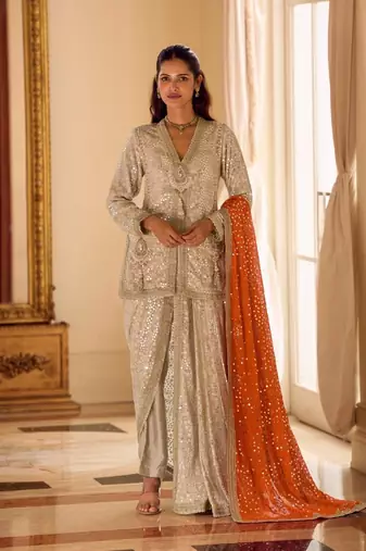 Cream Georgette Free Size Stitched Suit with embroidered Beats 
