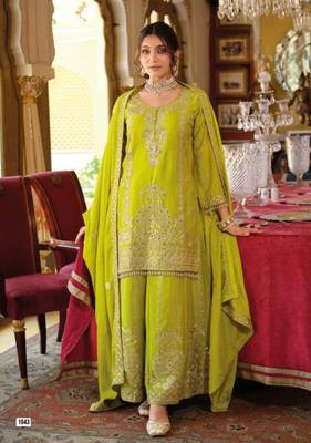 Green Chinon Free Size Stitched Suit with Embroidery  1