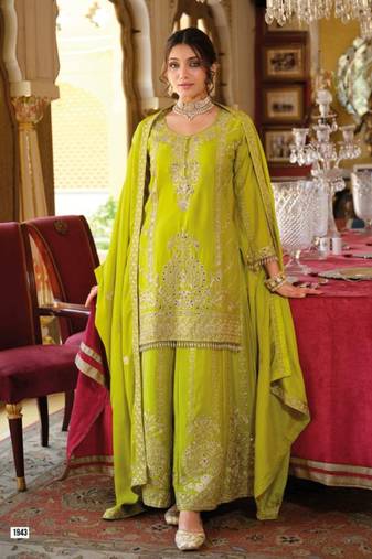Chinon free size stitched suit with embroidery work