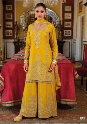 Yellow Chinon Free Size Stitched Suit with Embroidery  1