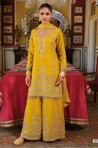 Chinon free size stitched suit with embroidery work