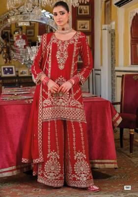 Red Chinon Free Size Stitched Suit with Embroidery  2