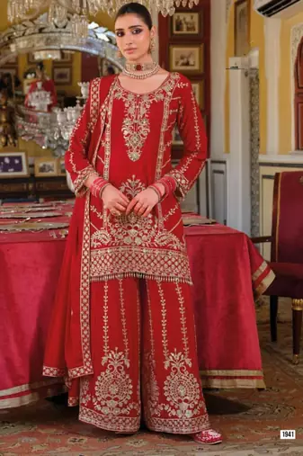 Red Chinon Free Size Stitched Suit with Embroidery 