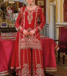 Red Chinon Stitched Suit with Embroidery 