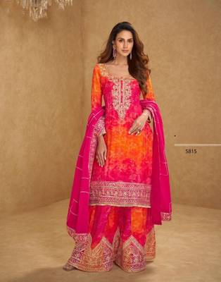 Orange Chinon Free Size Stitched Suit with Embroidery  1