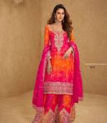 Orange Chinon Free Size Stitched Suit with Embroidery 