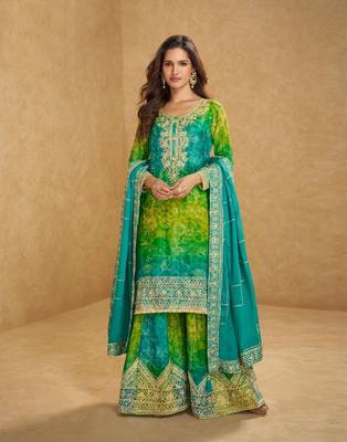 Blue Chinon Free Size Stitched Suit with Embroidery  1