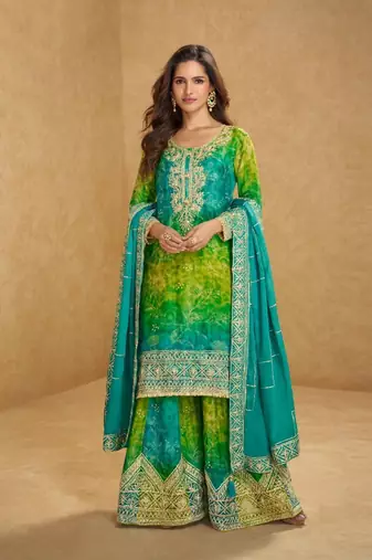 Chinon free size stitched suit with embroidery work