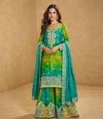 Blue Chinon Free Size Stitched Suit with Embroidery 