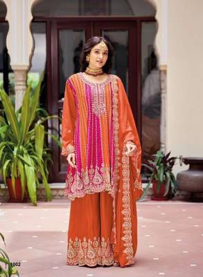 Orange Chinon Free Size Stitched Suit with Embroidery  2