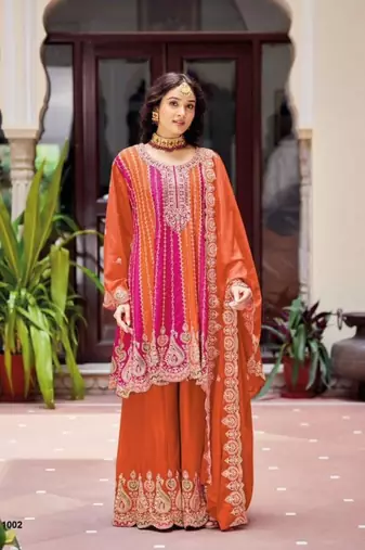 Orange Chinon Free Size Stitched Suit with Embroidery 