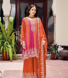 Orange Chinon Readymade Stitched Suit with Embroidery Work