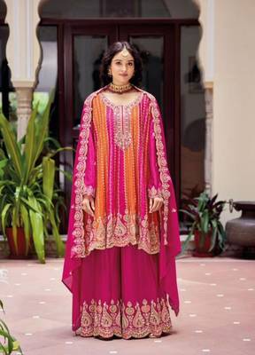 Pink Chinon Free Size Stitched Suit with Embroidery  1
