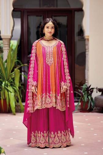 Chinon free size stitched suit with embroidery work