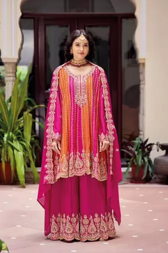 Chinon free size stitched suit with embroidery work