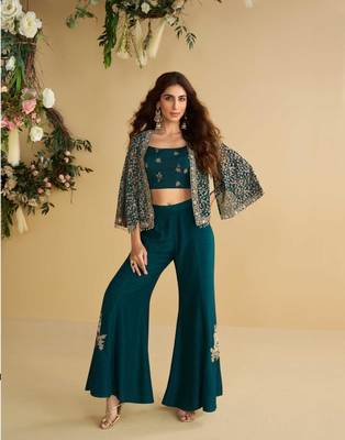Teal Green Silk Free Size Stitched Suit with Embroidery  2