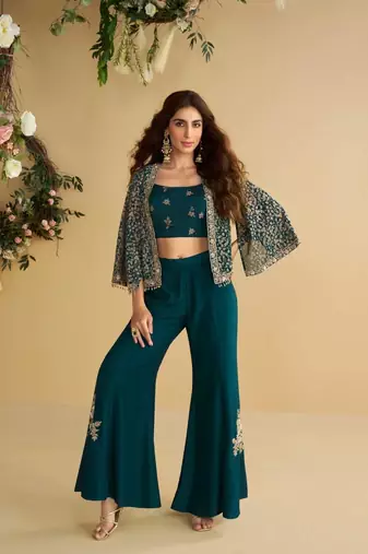 Teal Green Silk Free Size Stitched Suit with Embroidery 