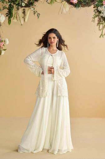 White Silk Free Size Stitched Suit with Embroidery 