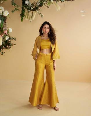 Mustard Silk Free Size Stitched Suit with Embroidery  1