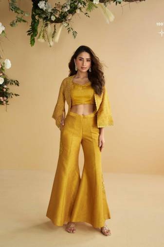 Mustard Silk Free Size Stitched Suit with Embroidery 