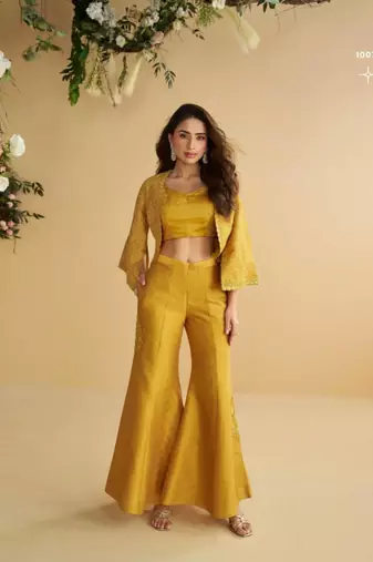 Silk free size stitched suit with embroidery work