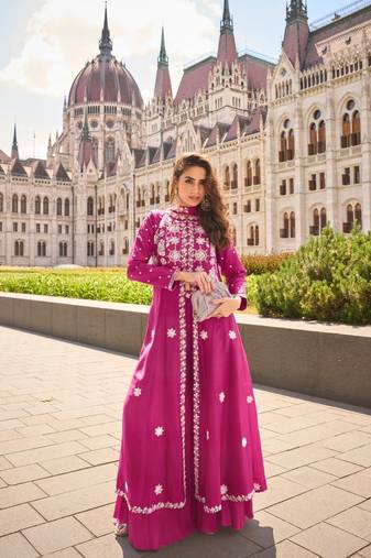 Rani Pink Silk Free Size Stitched Suit with Embroidery Work