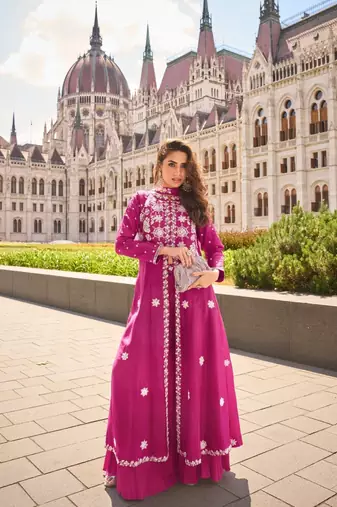 Silk free size stitched suit with embroidery work
