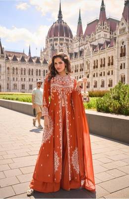 Orange Silk Free Size Stitched Suit with Embroidery  1