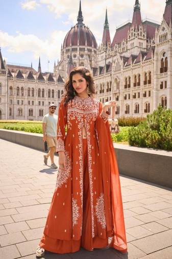 Orange Silk Free Size Stitched Suit with Embroidery Work