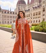 Orange Silk Free Size Stitched Suit with Embroidery 