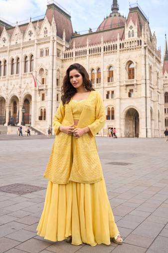 Georgette free size stitched suit with embroidery & beats work