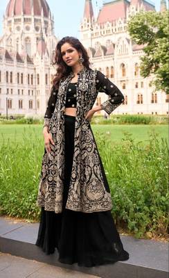 Black Georgette Free Size Stitched Suit with embroidered Beats  1