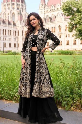 Georgette free size stitched suit with embroidery & beats work