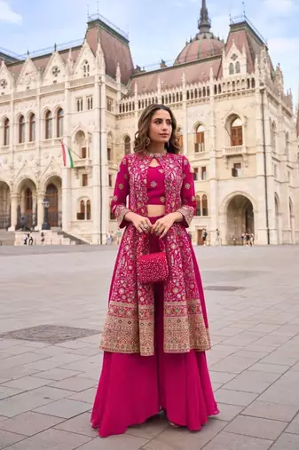 Magenta Georgette Free Size Stitched Suit with embroidered Beats 
