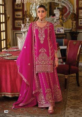 Magenta Chinon Free Size Stitched Suit with Embroidery  1