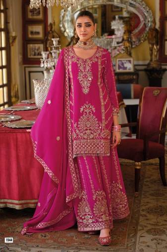Chinon free size stitched suit with embroidery work