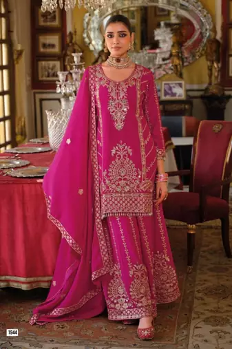 Chinon free size stitched suit with embroidery work