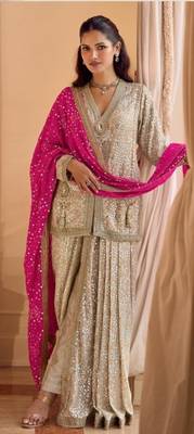 Cream Georgette Free Size Stitched Suit with embroidered Beats  1