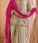 Cream Georgette Free Size Stitched Suit with Embroidery & Beats Work