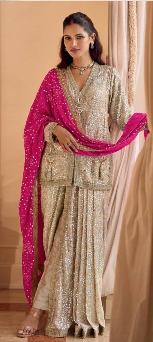 Georgette free size stitched suit with embroidery & beats work